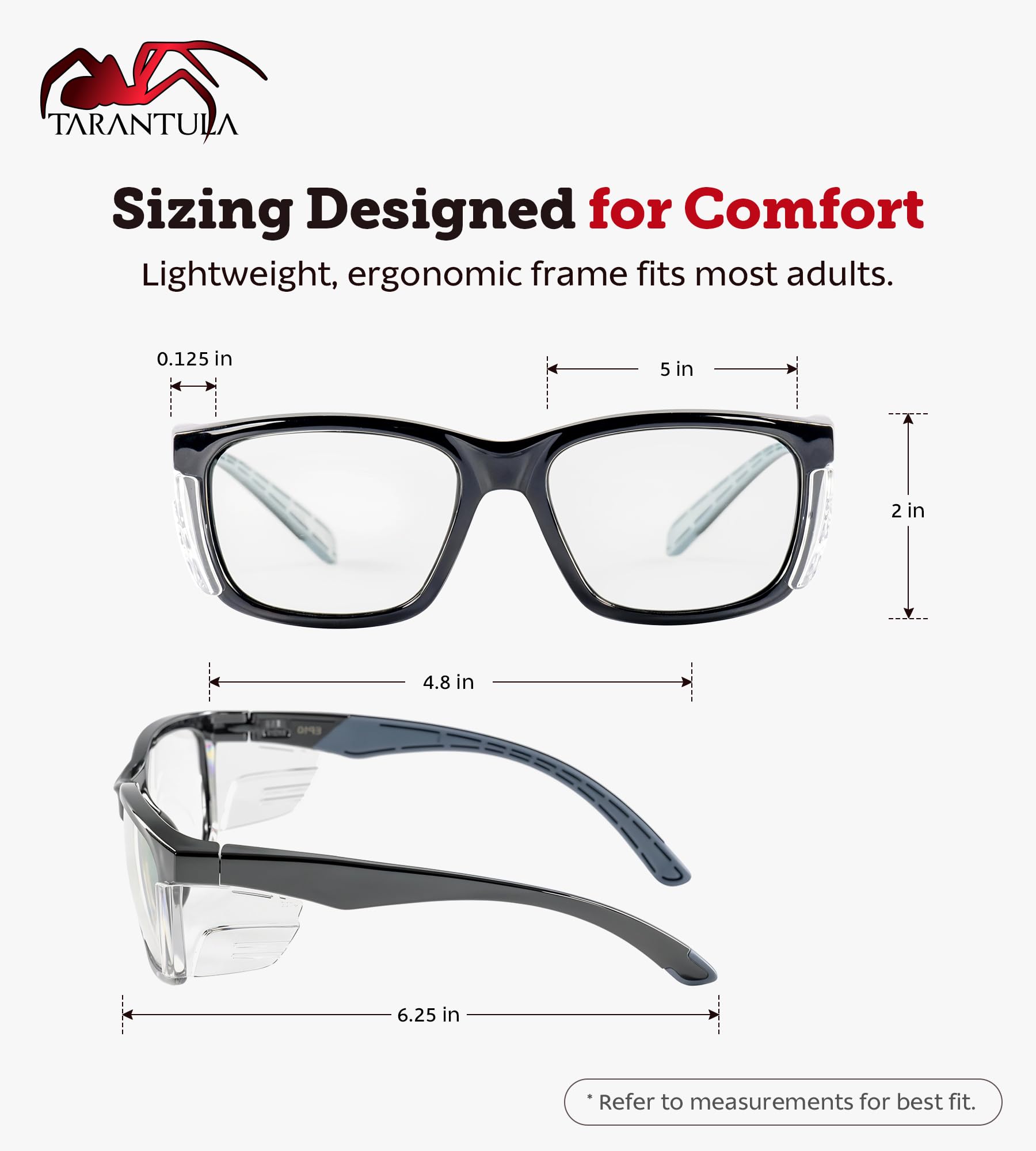 Tarantula Gafas de seguridad Z87 para hombres y mujeres, patillas TPR suaves, lentes transparentes antivaho, bloqueo de luz azul, protectores laterales extraíbles, gafas protectoras ligeras