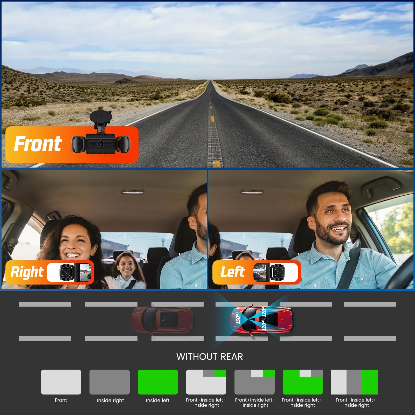 Dashcam Voiture 3 Canaux avec Carte 64Go – Caméra Embarquée Avant & Intérieur, Full HD 1080P, Vision Nocturne, Parking Mode, Détection de Mouvement, Mini Cam Voiture Rotative