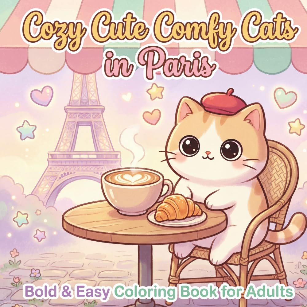 Cozy Cute Comfy Cats in Paris: Bold and Easy Cat Coloring Book for Adults: 50 Simple Designs for Women — Stress Relief and Relaxation (Cozy Cute Comfy ... for Adults — Stress Relief and Relaxation)