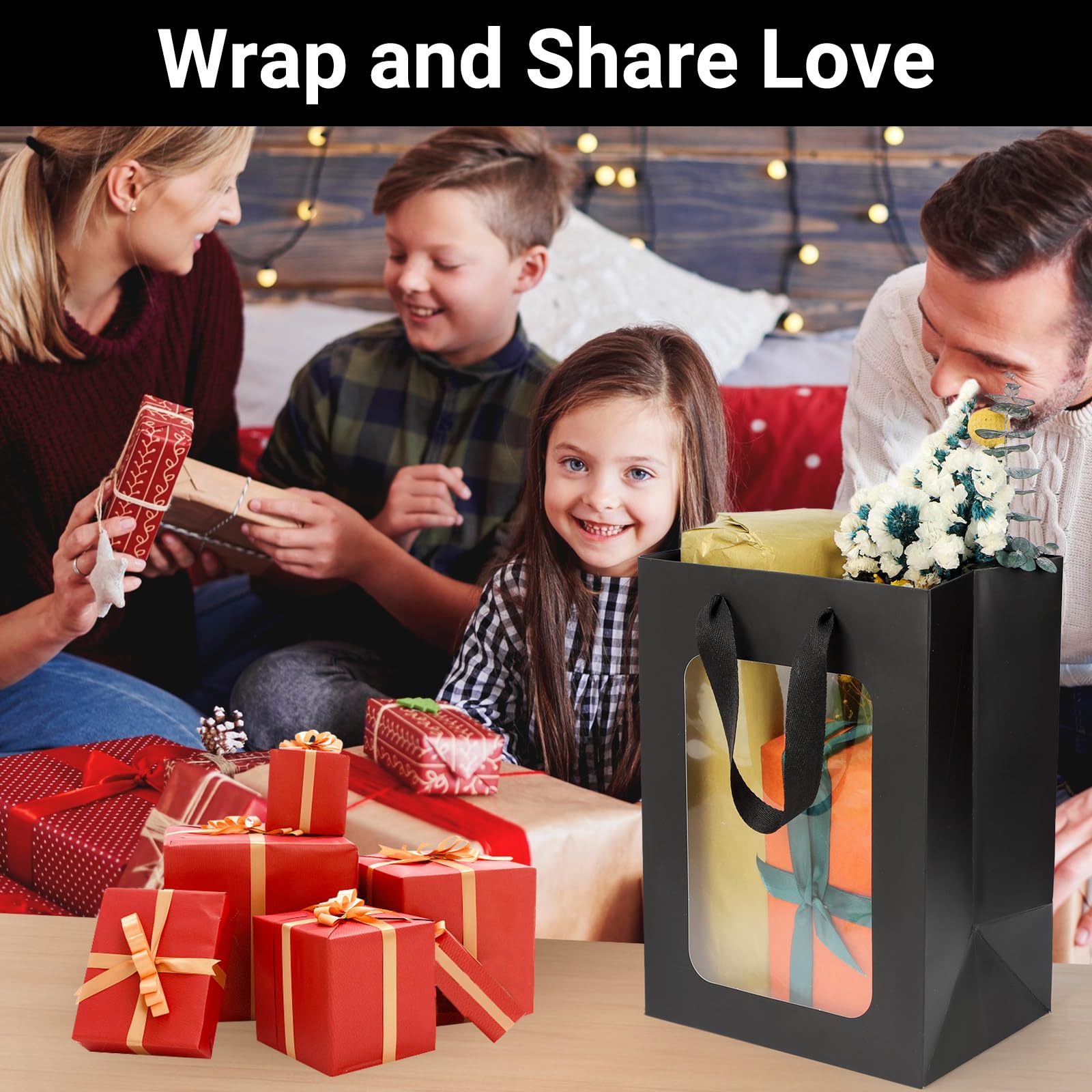 EUSOAR Geschenktüten Schwarz - 50 Stück 230GSM Papiertüten mit Henkel - 18x13x25cm Geschenktüte mit Fenster - Geschenktasche mit Sichtfenster - Papiertüten Klein Party Verpackungstüten