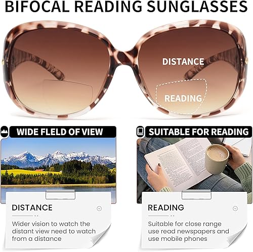 Miniatura 3 de JM Gafas de sol de lectura bifocales clásicas para mujer, lentes de lectura vintage, para exteriores, protección UV, tortuga, +2.75