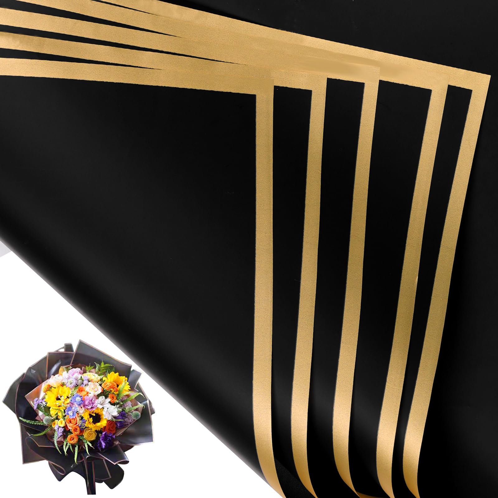 Gloreyan 20 Hojas De Papel De Regalo De Flores Negras, Ramo De Floristería, Papel De Regalo De Flores Frescas Para Manualidades, Con Borde Negro, Caja De Regalo, Material De Embalaje, Suministros