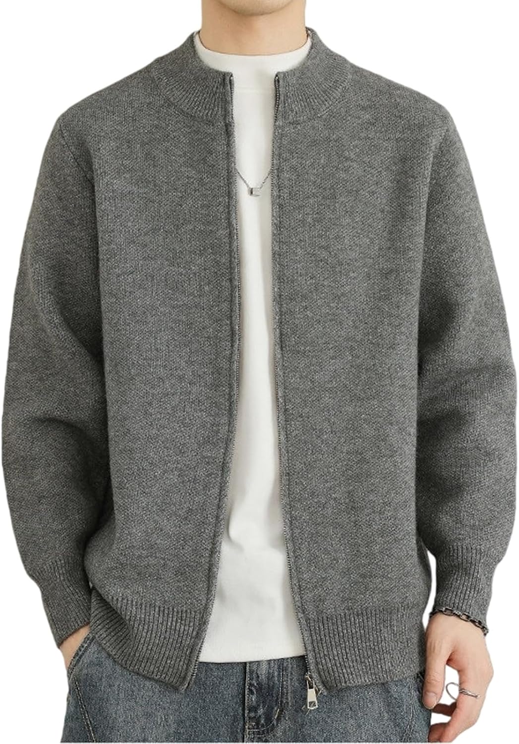 Men's Stand Collar Full Zip Cardigan Solid Heavyweight Knit Sweater