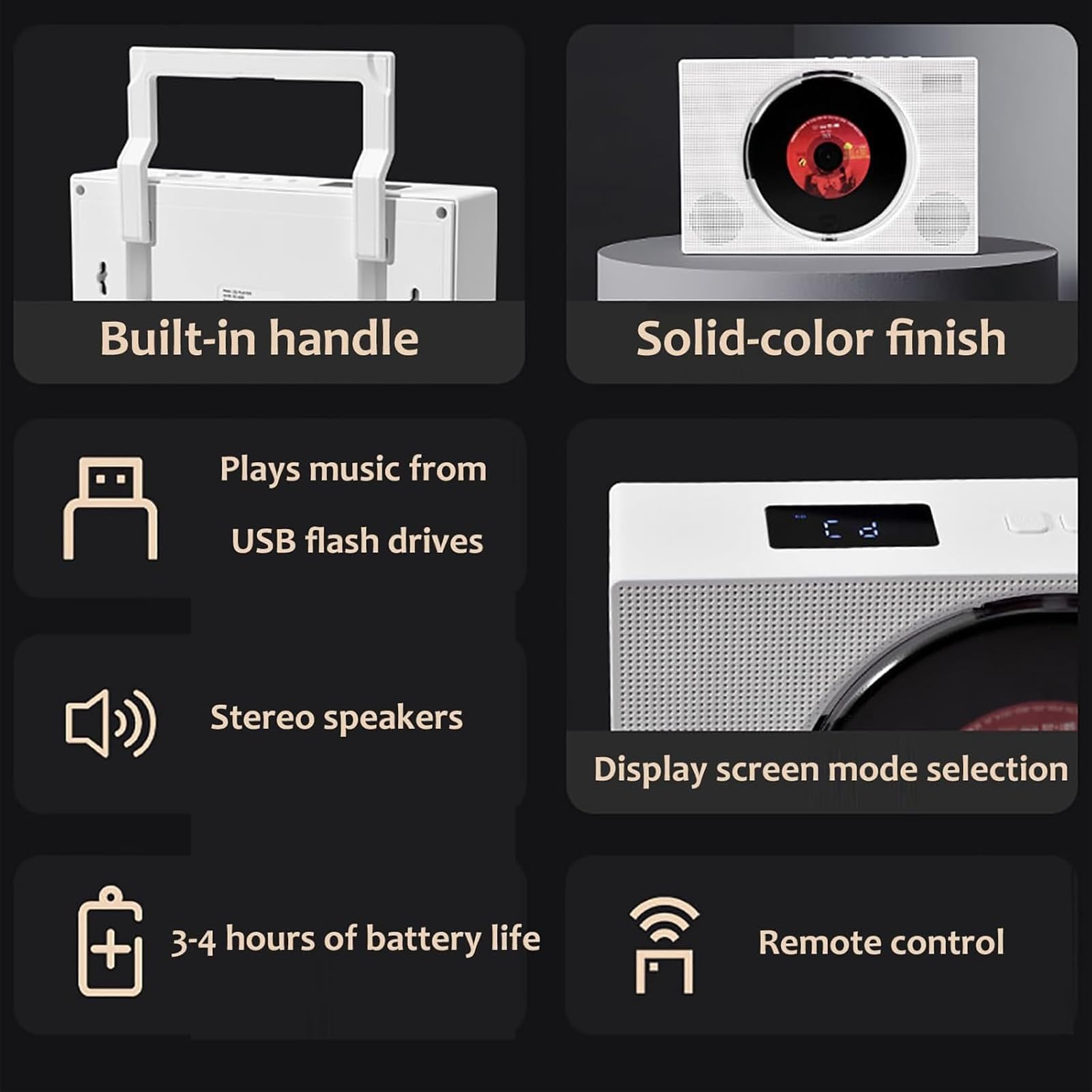 Lettore CD portatile con Bluetooth, radio FM, telecomando, altoparlanti da 45 mm, modalità di riproduzione multiple, compatibile con CD, MP3, WMA, USB, AUX da 3,5 mm, auricolare