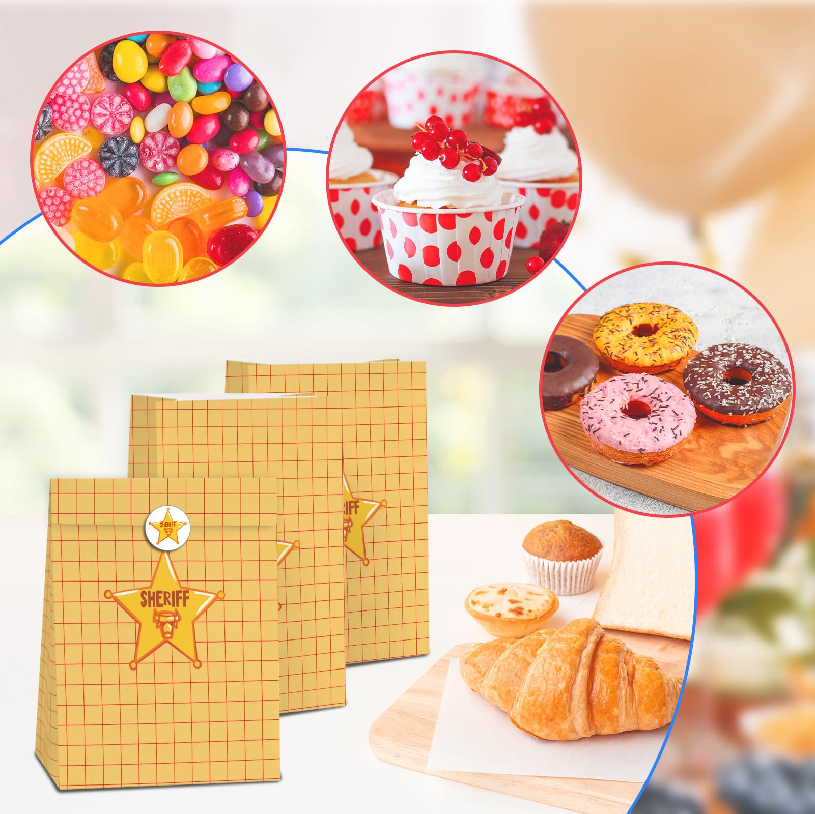 Cowboy Party Gift Bags - 24pcs Cartoon Story Goodie Bag for Birthday Party Decorations, Paper Lunch Bags for Baby Shower Bread Cookie Snack Thank You Gift Wrapping Bag (6 × 3.14 × 8.3 inch)