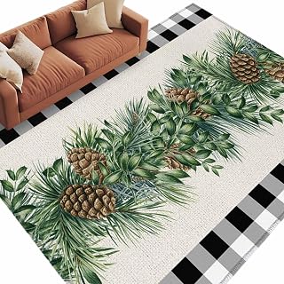 Christmas Pine Needle Washable Rug 6x9 Rugs for Living Room Large Area Rug Soft Non-Slip Low Pile Non-Shed Dining Room Rugs Xmas Pine Cones Black White Plaid Floor Carpet for Bedroom Office Nursery