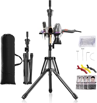 Wig Head Stand Tripod - Reinforced Mannequin Stand, Adjustable Height 31" - 57" Wig Stand for Styling, Cosmetology Hairdressing Training with Wig Caps, T-Pins Hair Clips