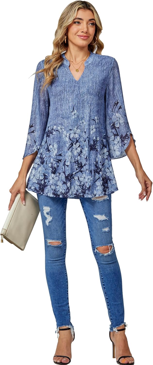 BAISHENGGT Women's Dressy Tops 3/4 Bell Sleeve Elegant V Neck Double Layers Mesh Blouses Tunic Tops - Image 5