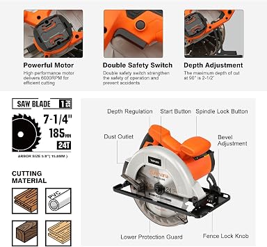 Yunirvana 11 Amp Corded Circular Saw with Circular Saw Blade, 6000RPM, Adjustable Cutting Depth, 7-1/4 Inch Blade, Ideal for Wood and Plastic Cuts, Professional Carpentry Tool for Precision Cutting