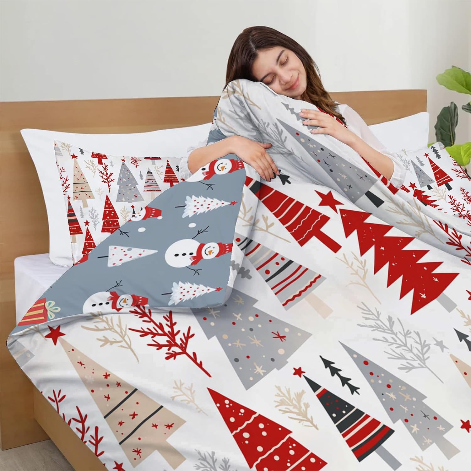 Christmas Duvet Cover California King Size,3D Printed Holiday Bedding with Festive Christmas tree Pattern,Reversible Soft Microfiber Quilt Cover,Machine Washable with Zipper Closur,cartoon pine tree
