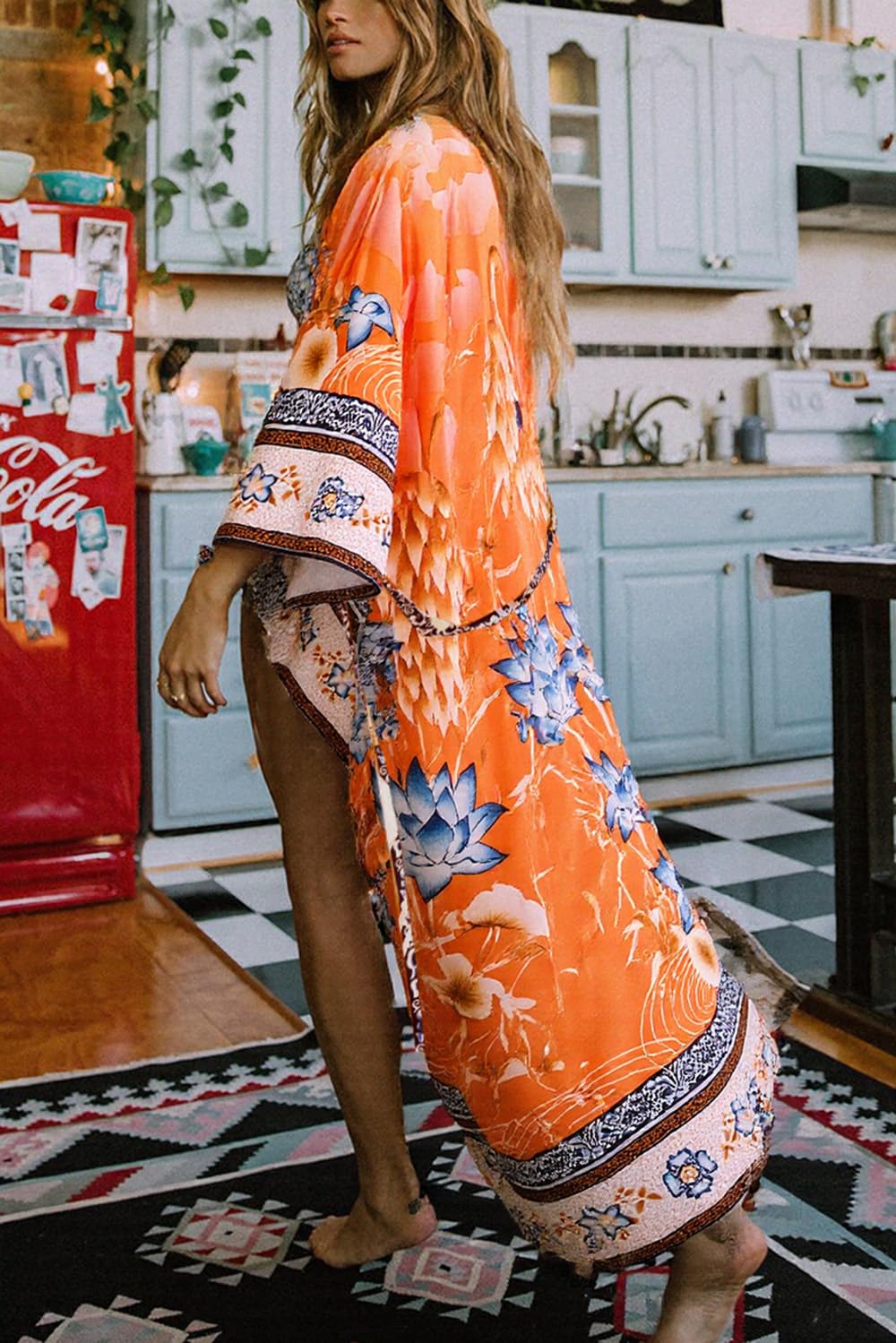 Cardigan in Cotone da Donna Kimono Lungo Boemo Costume da Bagno da Spiaggia Coprire Il Vestito Abito Taglie Forti