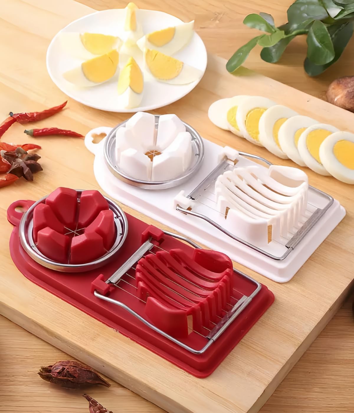 2 Pcs Egg Cutter Fruit Slicer Boiled-Eggs, Egg Peeler, Boiled Egg Peeler, Egg Chopper, Stainless Steel Cutting Wires Kitchen Egg Slicers 2 in 1 (red, white) image 4