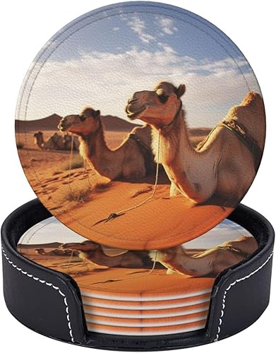 Miniatura 5 de Camels Rest Desert Printing Coasters for Drinks Set of 6 Leather Drink Coasters Round Cup Mat Pad Durable and Non Slip Leather Coaster for Home