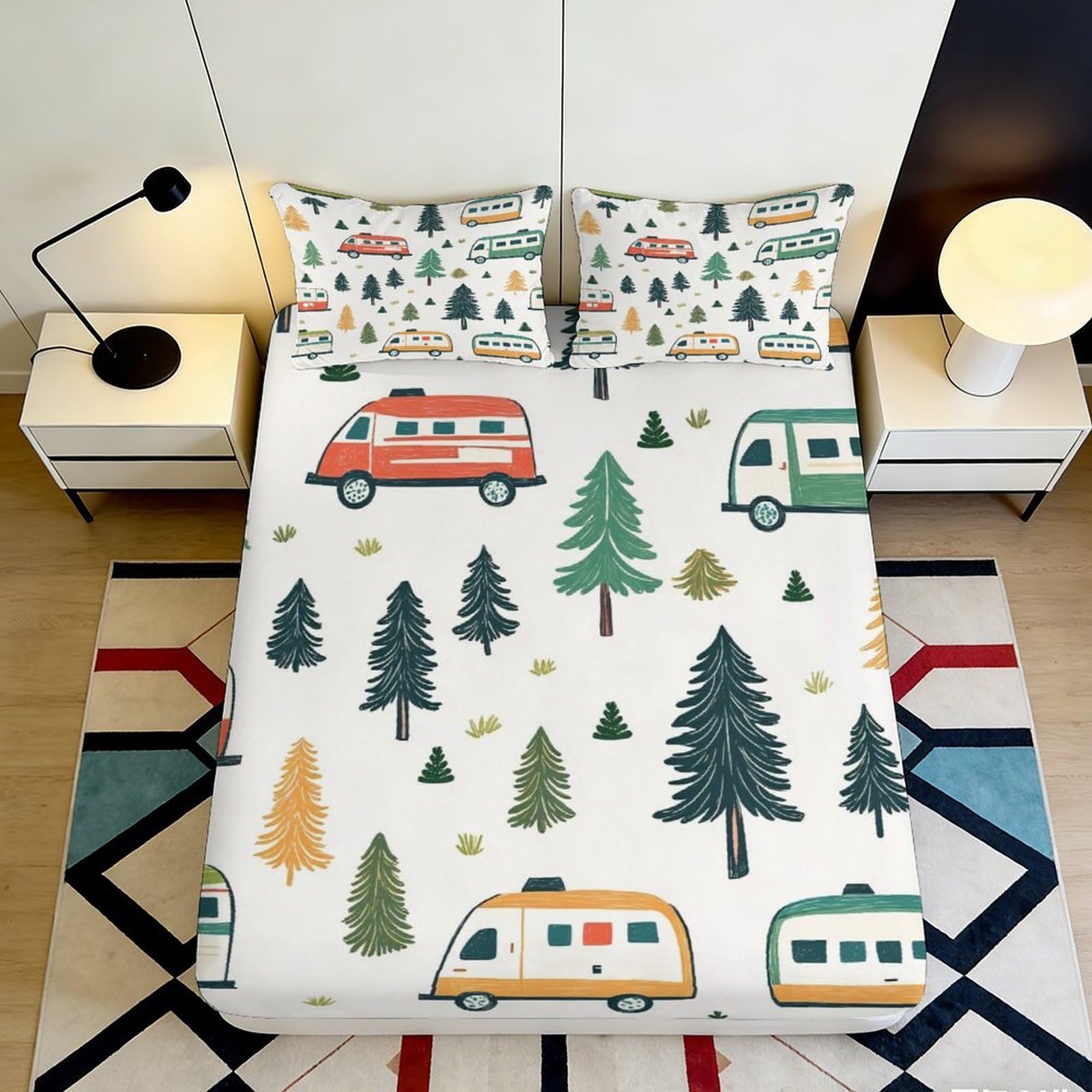 Jqzkxnhpbr Style-10 3D Printed Camper Forest Fitted Sheet Microfiber Soft Breathable Caravan Bed Cover For Bedroom Guest Room Decor 90X200x25cm