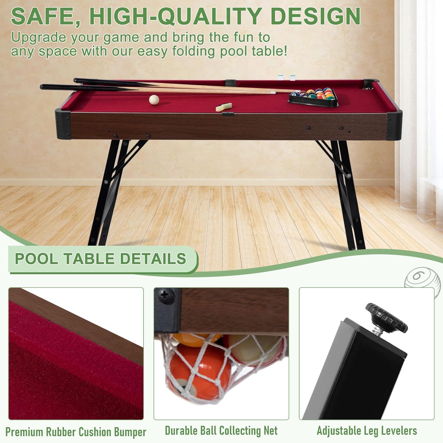 Folding Pool Table, Portable Billiard Game Tables for Kids and Adults, Mini Pool Table with Locking Legs, Adjustable Feet, Balls, Cues, Triangle, Chalk, Brush
