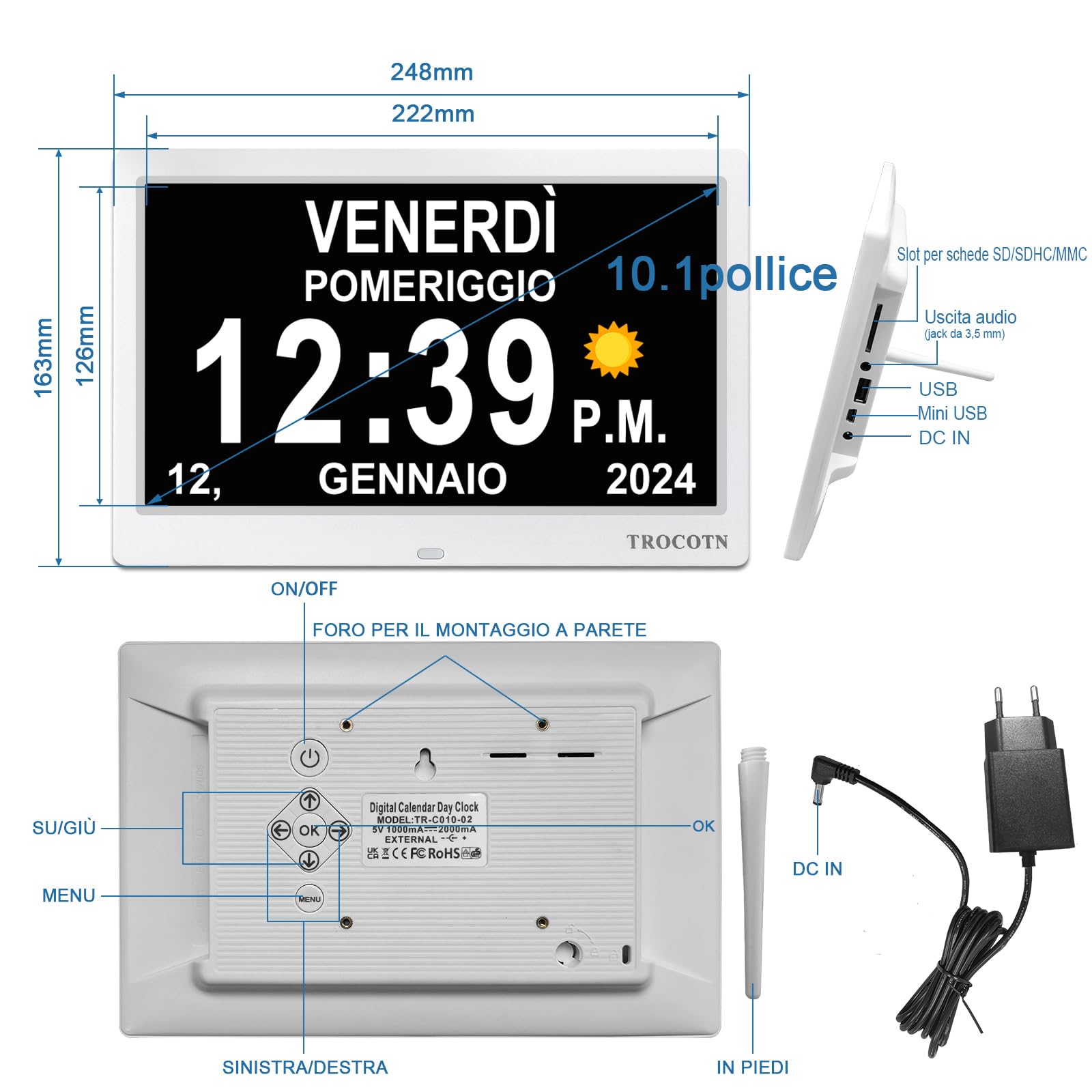 TROCOTN Grande orologio digitale per anziani, con calendario, grande display con allarmi personalizzati, orologio da parete con giorno e data, sveglia, orologio da scrivania (10 Pollici, Bianco)