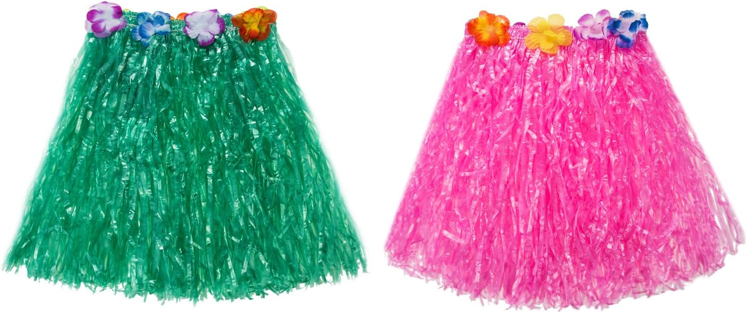 TOODOO Elastic Hawaiian Hula Grass Skirt with Flower Costume Set for Party Beach Dance Fancy Dress, Multicolor, 2 Sets