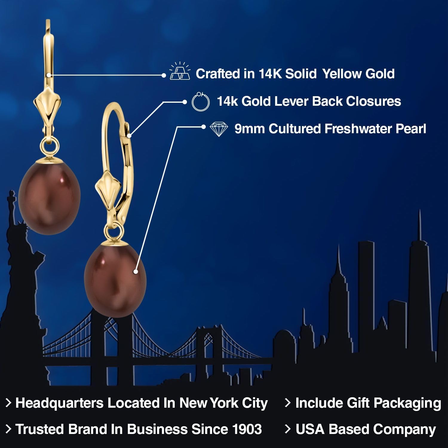 Gem Stone King 14K Gold 9MM Cultured Freshwater Pearl Dangle Earrings For Women | Leverback Gold Drop Earrings | Fine Jewelry Gifts for Women Her Mom Wife
