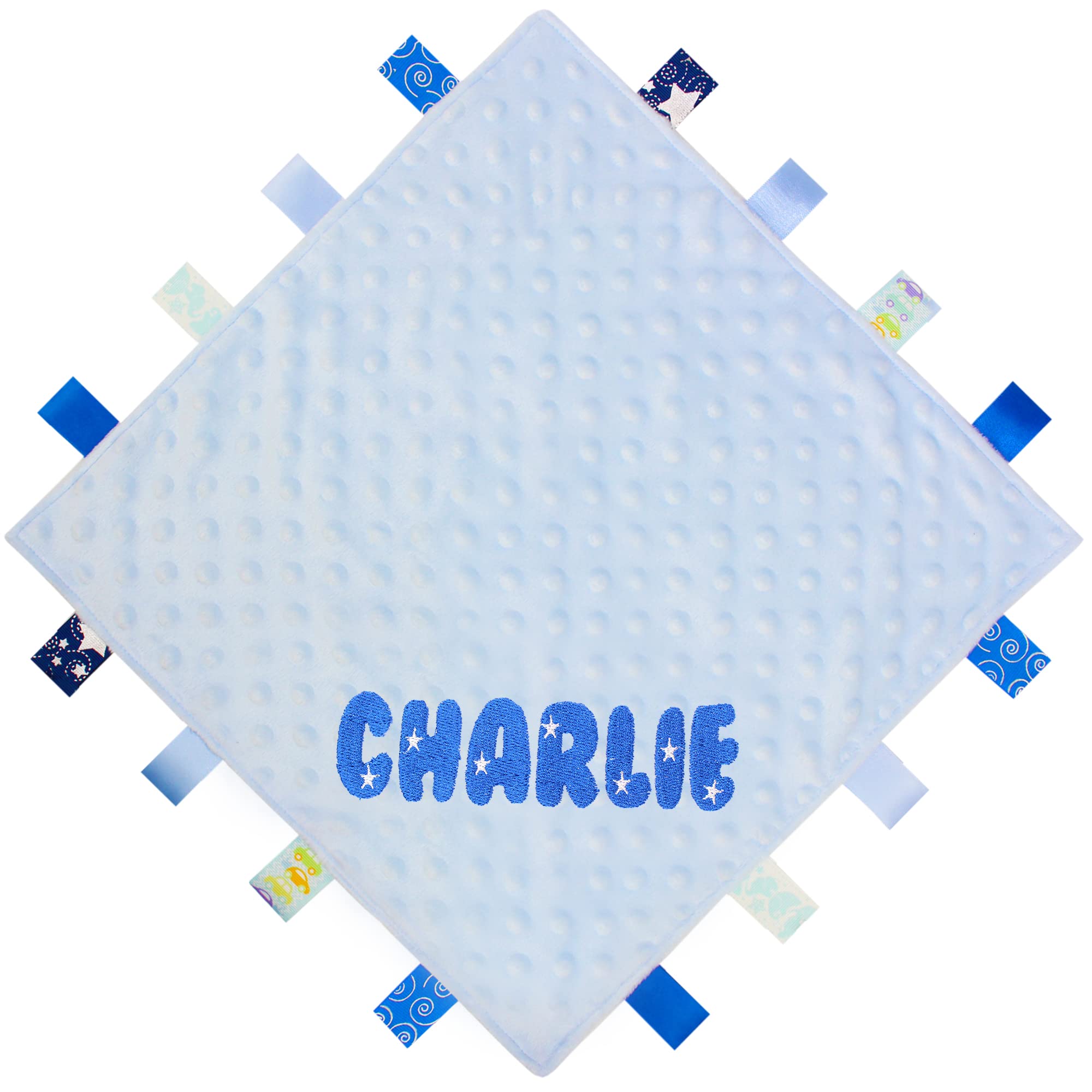 TeddyT's Personalised Name Star Baby Taggy Blanket Comforter (Blue)