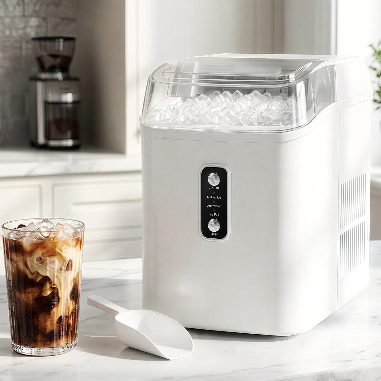 Nugget Ice Maker Countertop, 6-Min Fast Chewable Pellet Ice, 24lbs/24h Portable Ice Machine With Self-Cleaning, Ice Full & Low Water Indicator, Basket & Scoop For Home, Party, RV, Camping (White) on Fridge.com - View 1