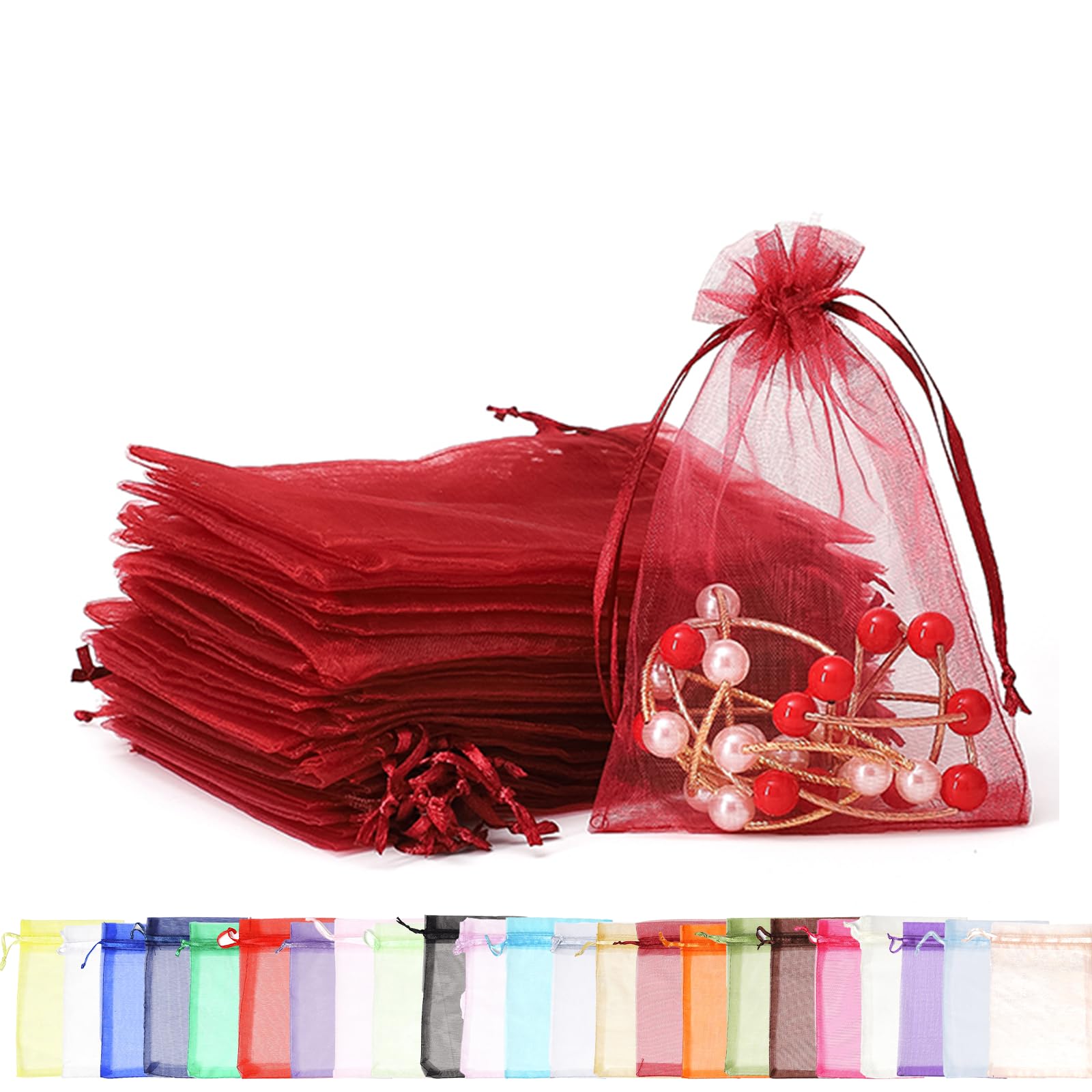 100pk Wine Red Organza Gift Bags,10x15cm Small Organza Favor Bags,Wedding Jewelry Pouches with Drawstring,Mesh Candy Favour Bag Party Sweet Bags for Birthday,Wedding,Christmas,Gift Wrapping