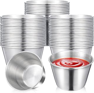 50 Pack Stainless Steel Dipping Sauce Cups, 2.5 oz Reusable Metal Ramekins Small Round Butter Condiment Bowls Containers Portion Cup Dipping Cups for Home, Restaurant Party Supplies
