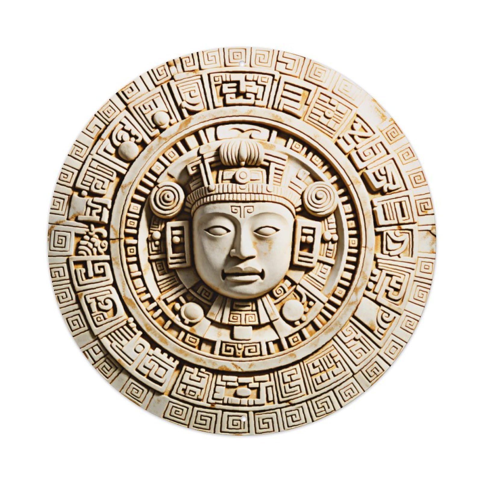 Ldfuieksufg Style Round Cream Rustic Mayan Sun Calendar Relief Metal Wall Sign Vintage Aluminium Metal Sign, Retro Wall Decor For Home, Bar, Garage & Farmhouse 20X20cm