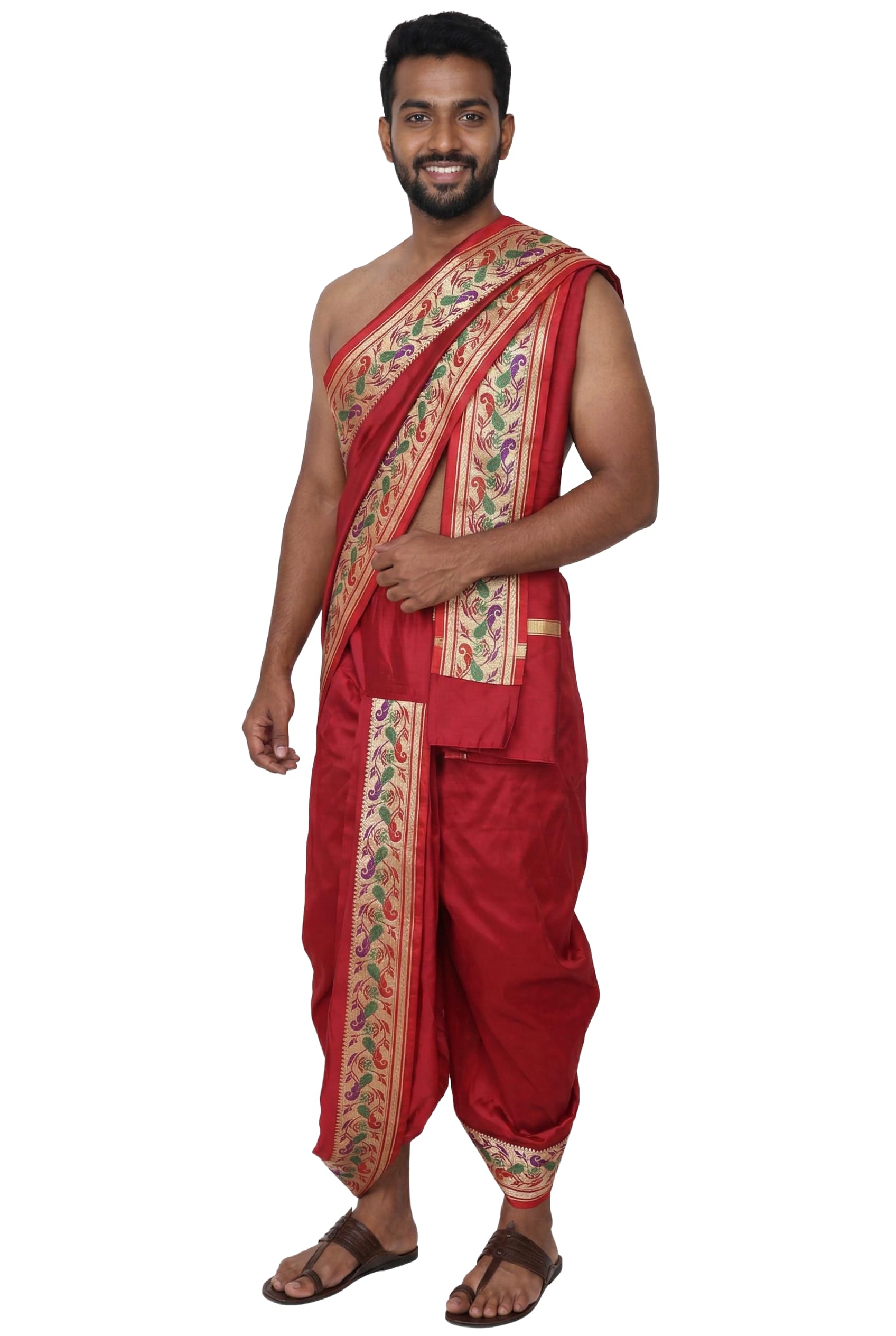 Men’s Readymade Dhoti with Angavastram Set – Art Silk Ready to Wear Dhoti with Velcro Closure | South Indian Veshti Mundu Set for Men | Ethnic Wear for Wedding, Pooja-image-23