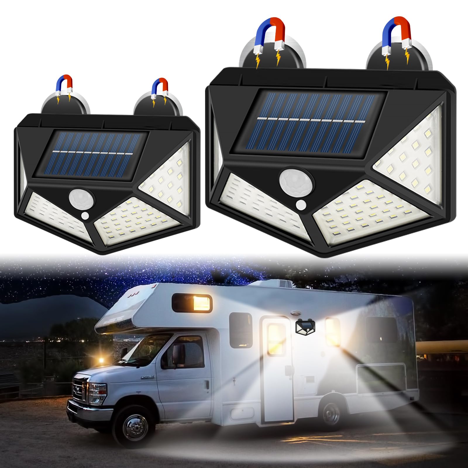 Lot de 2 lampes solaires magnétiques pour camping-car avec détecteur de mouvement – Lumineux 100 DEL – Éclairage extérieur étanche pour camping-car, remorque, camping-car, extérieur – Facile à