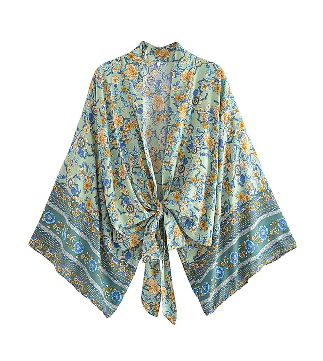 Vintage Floral Print Short Robe Kimono Women V Neck Batwing Sleeves Rayon Cotton Bikini Cover-Ups