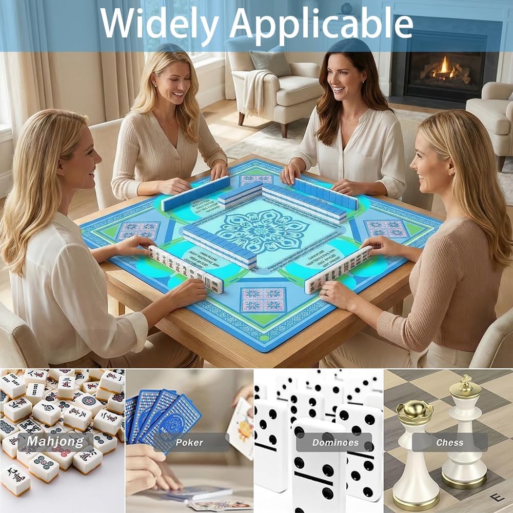 Neoprene Mahjong Mat with Rules (31.5" x 31.5"), No Creases American Mahjong Mat, Anti-Slip & Noise Reduction Mahjong Learning Mat, Mahjong Mats Gifts (Blue)