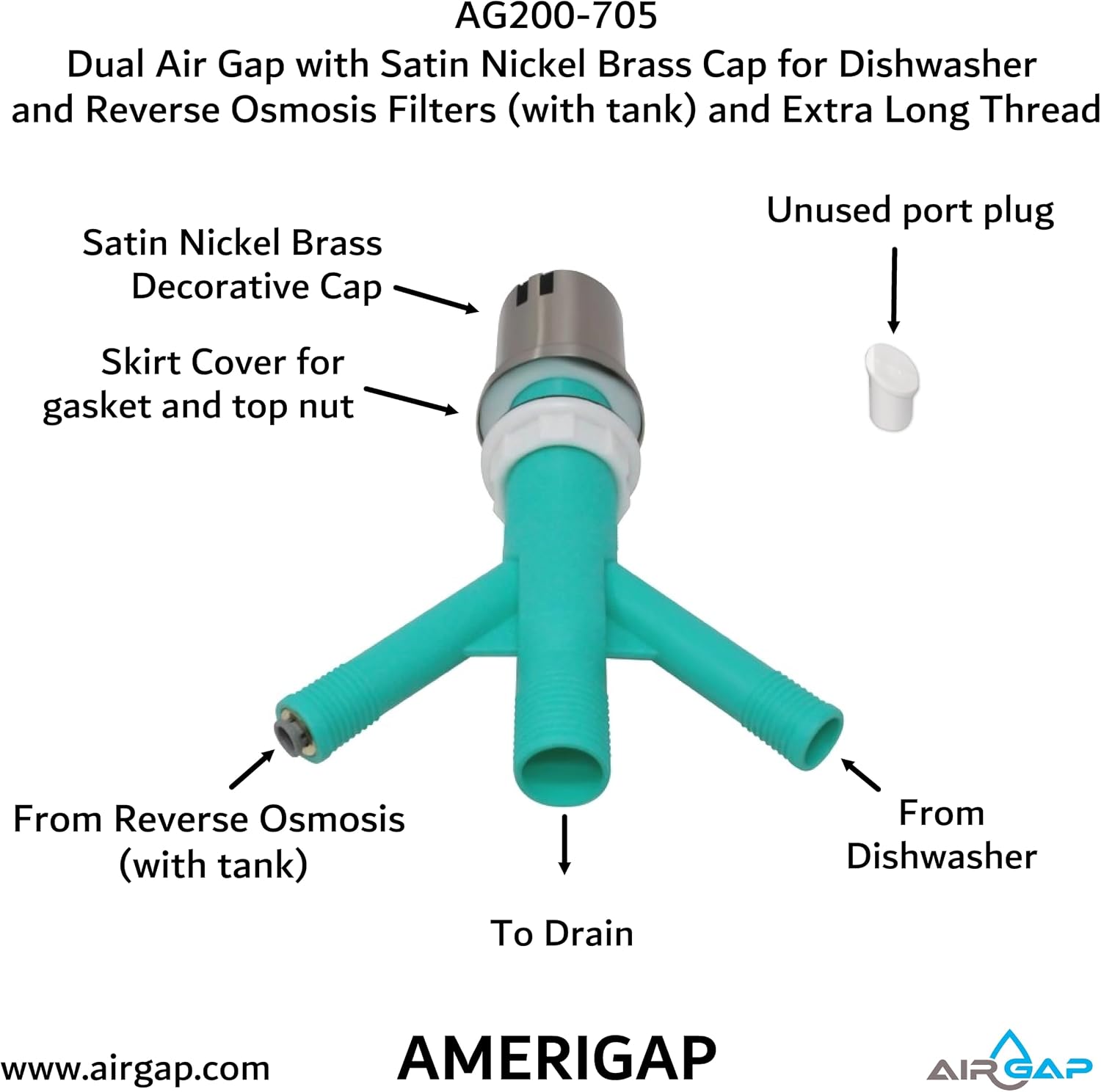 Dual Air Gap with Satin Nickel Brass Cap for Dishwasher and Reverse Osmosis Filters (with tank) and Extra Long Thread (AG200-705, AG200-X05, AMERIGAP)