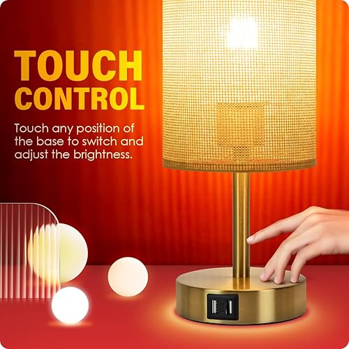 Miniatura 4 de Yarra-Decor Lámpara de mesa de noche, puerto USB, control táctil, madera, 3 modos, regulable, con pantalla redonda de tela de lino, para sala