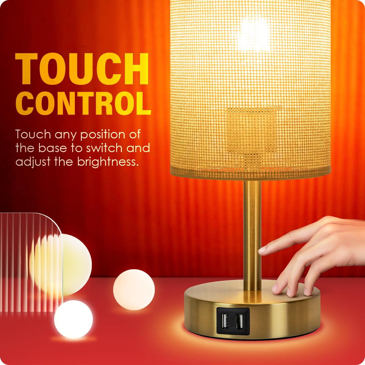 Yarra-Decor Lámpara de noche con puerto USB, lámpara de mesa de control táctil para dormitorio, lámpara de mesa de noche regulable de 3 vías con pantalla redonda de tela de lino para oficina en casa