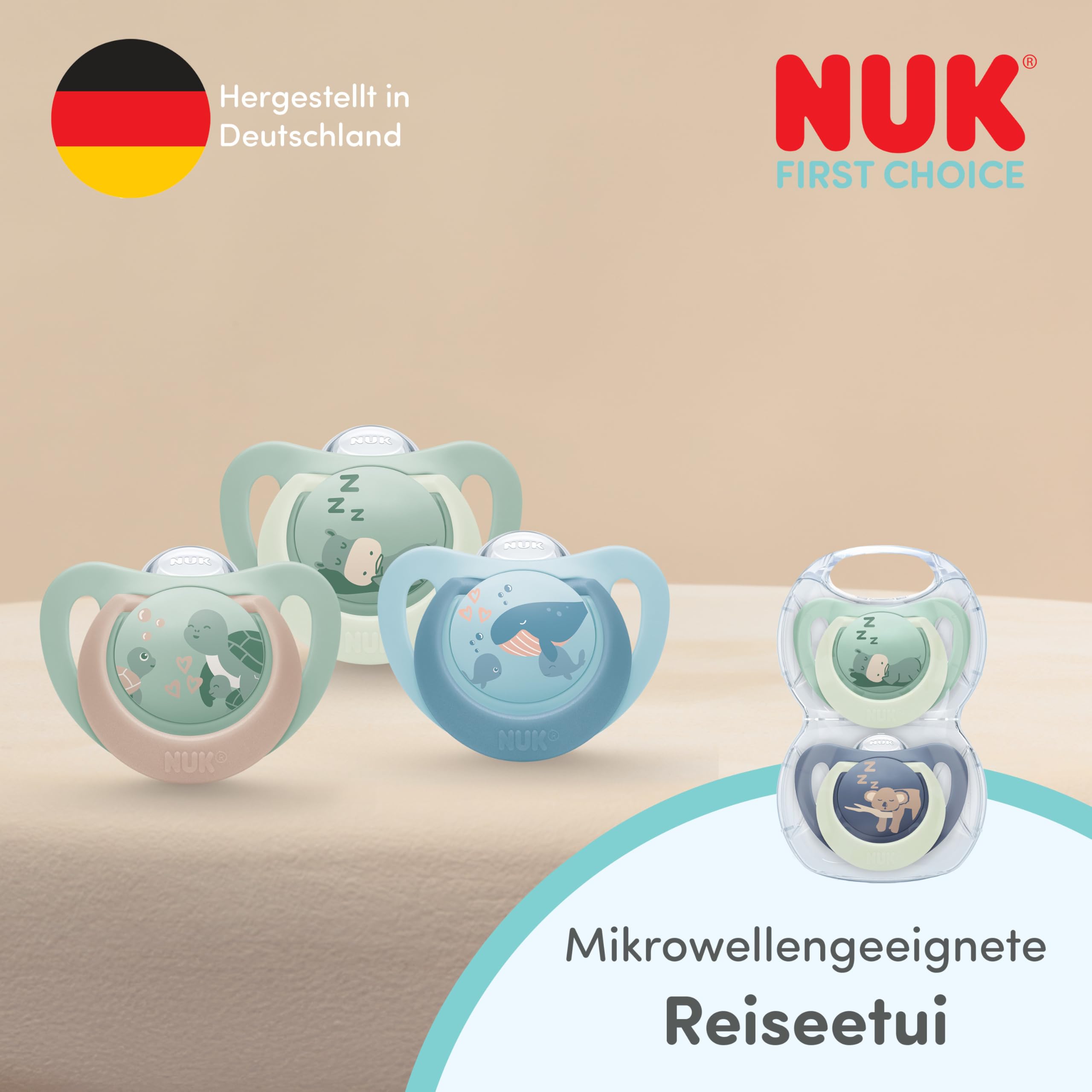 NUK First Choice Night Smoczki dla niemowląt | 6-18 miesięcy | Ortodontyczne smoczki świecące w ciemności | Uspokajają 99% niemowląt** | Króliczek i owieczka | 2 sztuki