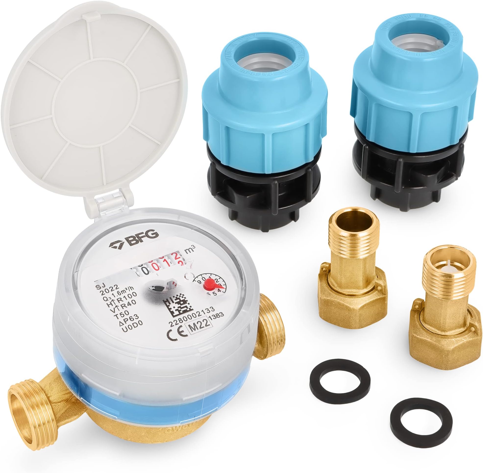 WRAS Certificate Water Meter with Non-return Brass Fittings 1/2" BSP Male and MDPE/PE 1/2" BSP to 25mm, Antimagnetic Cold Water Flow Meter, 50°C H-R100 V-R40 Rotary Counter Qn 1.6m3/h 16 Bar