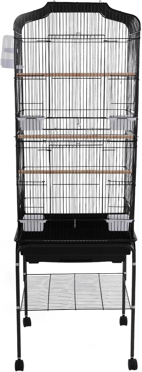 Bird Cage with Universal Wheels, Freestanding Parakeet Birdcage, Large Iron Flight Bird Cages 360° Full Hollow Design Pigeons Parrot, 18x15x54 Inch, with Feeding Bowls, Waterer (Black)