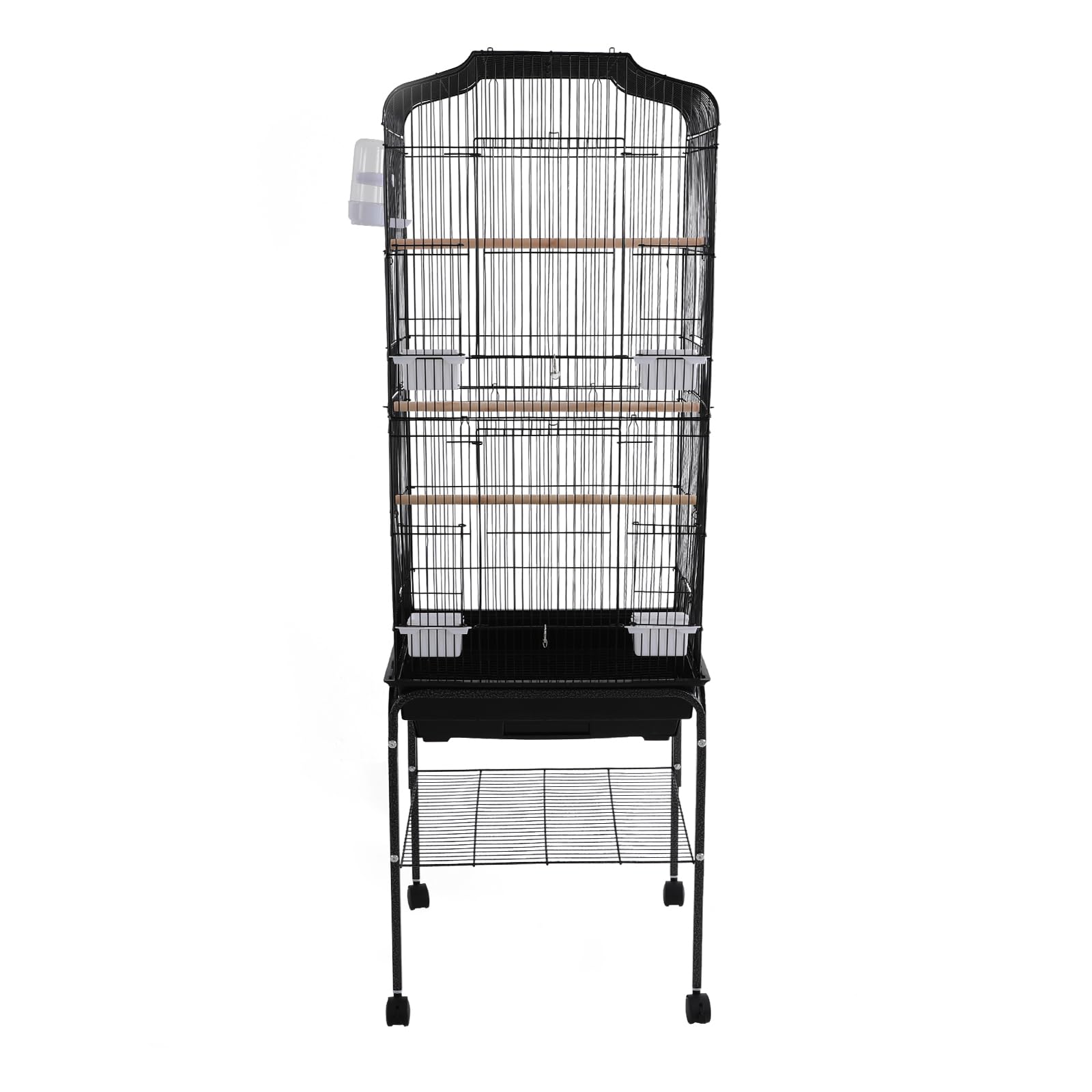 Jaula para pájaros de metal sobre pie, pajarera sobre ruedas, bandeja extraíble, bebedero y cuencos incluidos, 3 perchas, 47 × 37 × 137,5 cm, para calopsitas e inseparables (negro)