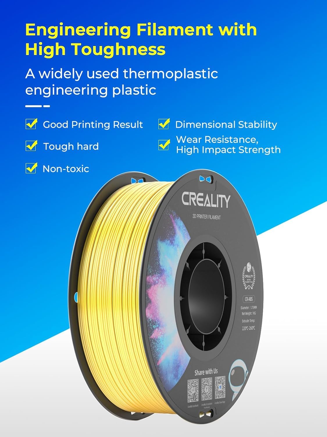 Creality Filamento ABS da 1,75 mm, robusto filamento per stampante 3D ad alta resistenza, inodore e atossico, indeformabile e resistente agli urti, bobina da 4 kg, nero, bianco, grigio e blu