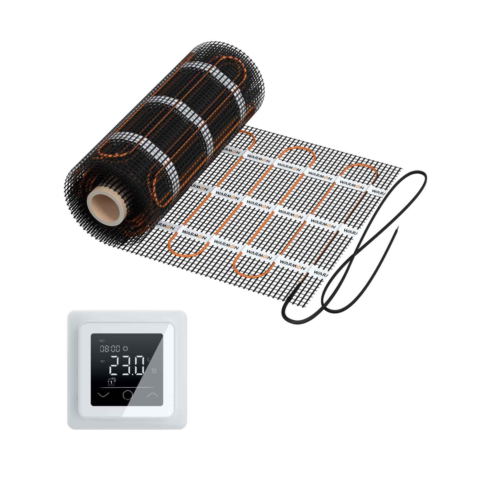 Calefacción eléctrica por suelo radiante: WARMON Classic Light 100 W/m² para azulejos con termostato táctil serie 750, termostato: TP 750 Non WiFi - Blanco, Tamaño de la alfombra: 6 m²