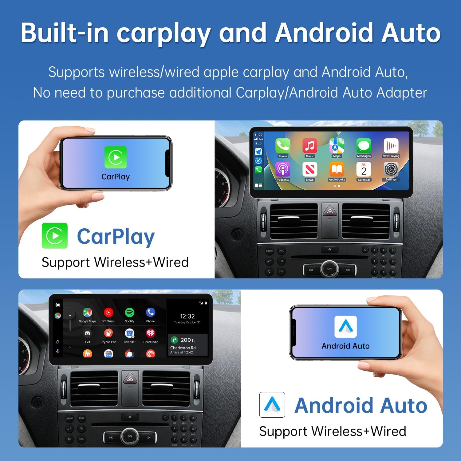 Road Top 12.3" Ultra-Narrow CarPlay Screen Upgrade for Mercedes-Benz C-Class W204 (2008-2010 NTG4.0), Wireless CarPlay & Android Auto, Linux Touchscreen Display Retrofit, OEM Integration Car Stereo