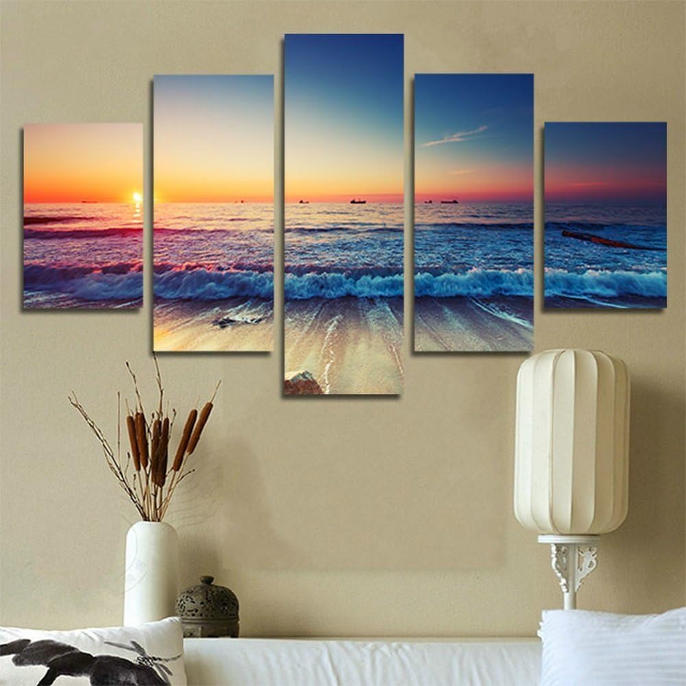 Blxecky DIY 5D Diamond Painting Cross Stitch Crafts Kit, 5 sets of splicing paintings. Home living room decoration. Sunset sea view