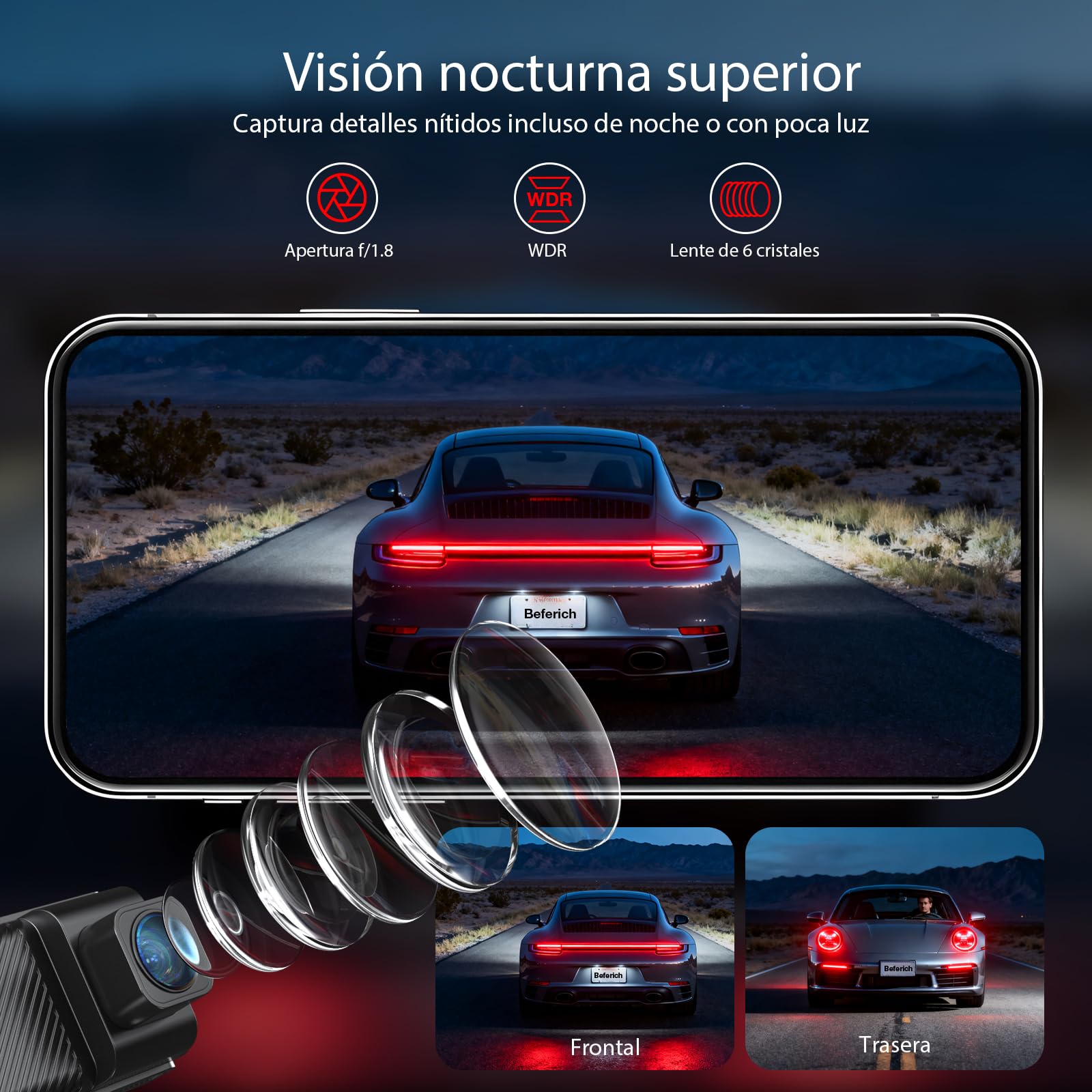4K+2.5K Dual Trasera Delantera Cámara Salpicadero, GPS 5.8 GHz WiFi Integrado, Tarjeta 64 GB Incluida, Pantalla IPS 3.16 Pulgadas, Control App, Grabación Doble Canal