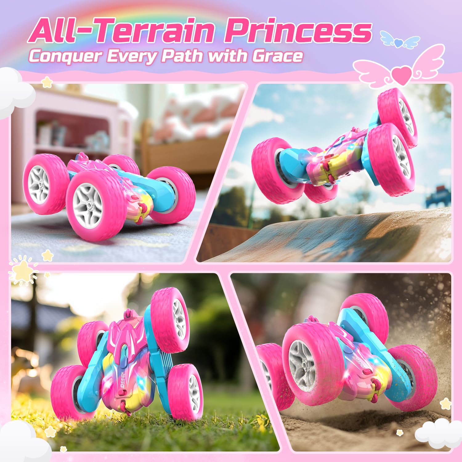 DEERC Rosa Ferngesteuertes Auto für Mädchen mit Buntem Licht, RC Stuntautos, 360° drehbares RC Stuntauto 4WD RC Spielzeugautos für Mädchen ab 6 Jahren
