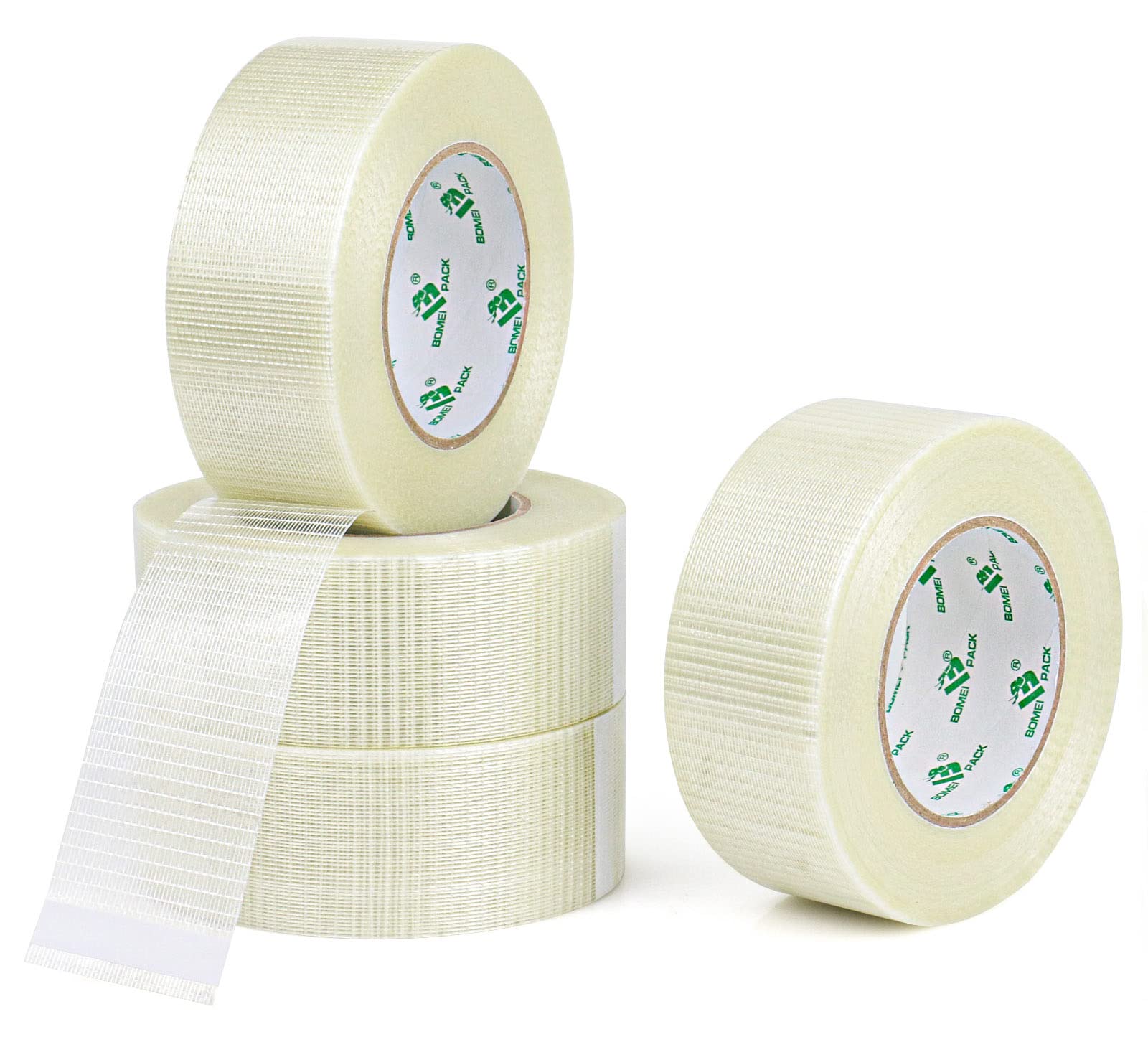 BOMEI PACK 4 Pack Bi Directional Filament Ruban Adhésif, Ruban d'emballage renforcé de fibres filament Renfort et cerclage ruban adhésif robuste adhésif, 50m x 50mm