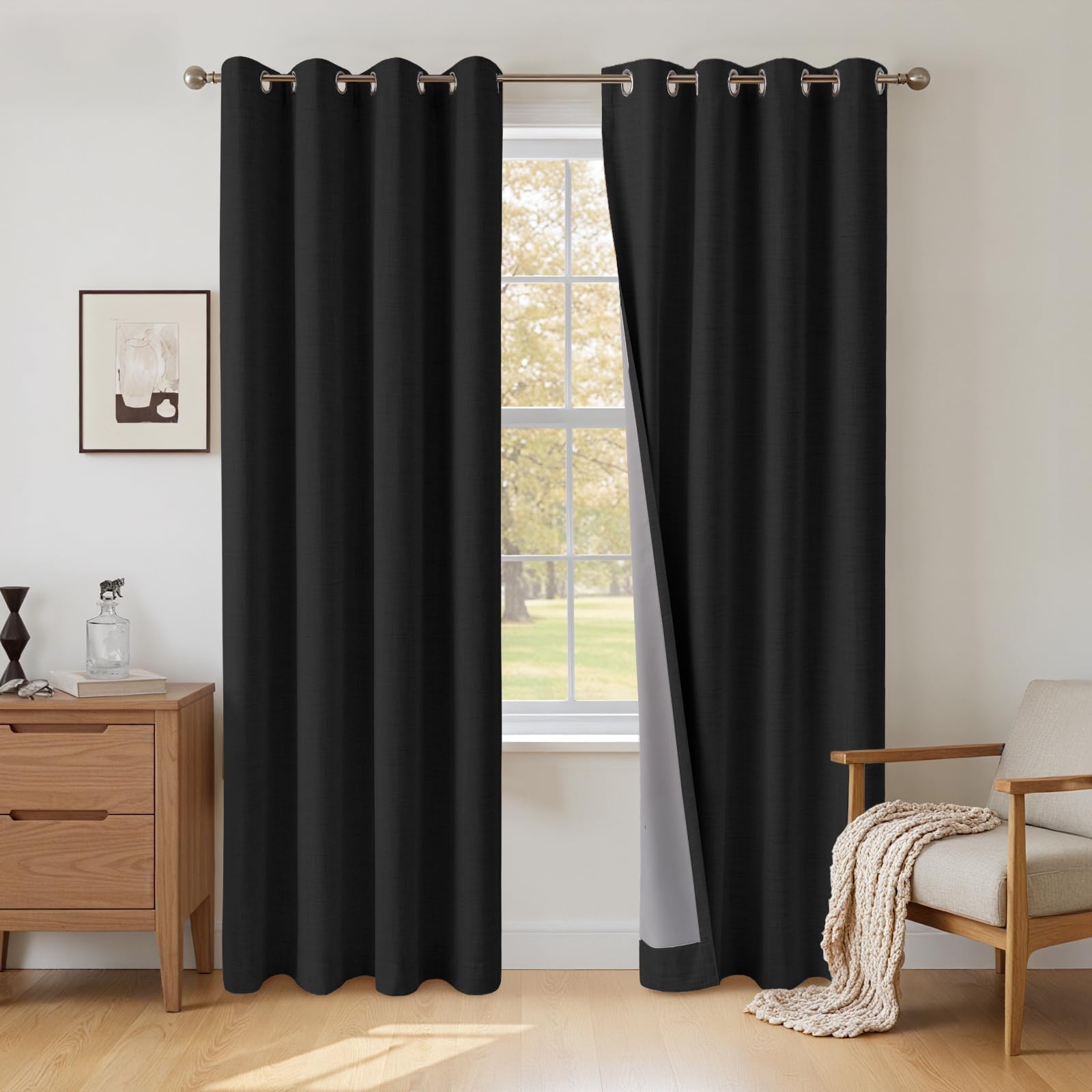 INOVADAY 100% Blackout Curtains 84 Inch Drop 2 Panels, Thermal Insulated Eyelet Curtains with Coating Back Layer for Bedroom & Living Room, 50" W x 84" L, Black