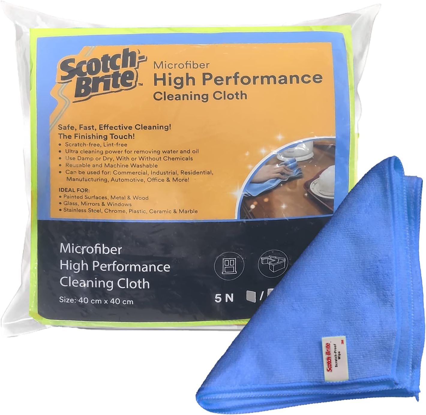 3M High Performance Microfiber Cleaning Cloth - 300 GSM, Lint & Scratch Free, Multi Use for Glass, Metal, Wood, Superior Stain Removal Wipe Cloth 40 cm X 40 cm (Blue, Packs of 5)