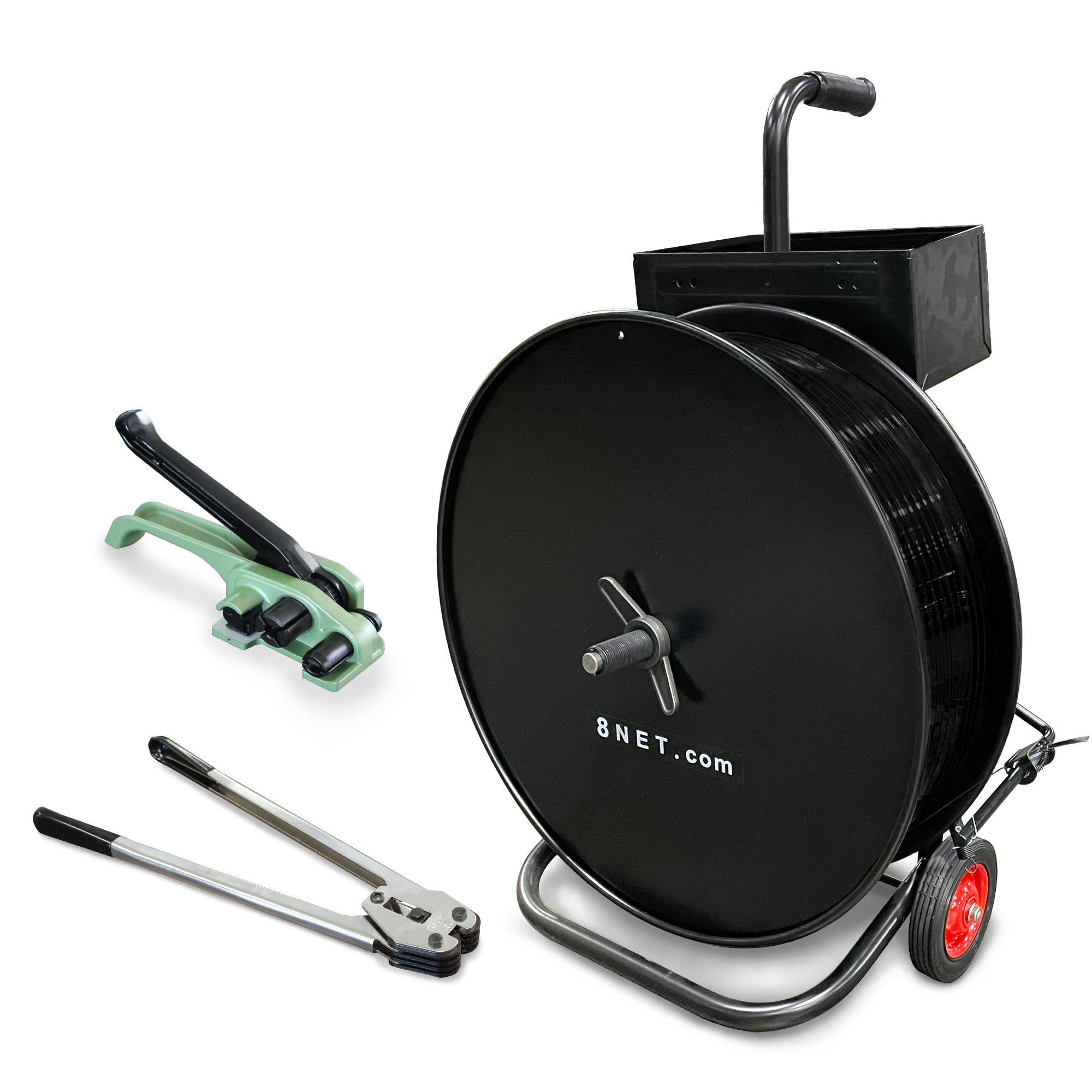 8NET Polyester Strapping Starter Kit, Fits Strapping Width 5/8'', Economy Tensioner + Heavy Duty Sealer + Heavy Duty Strapping Cart - Steel