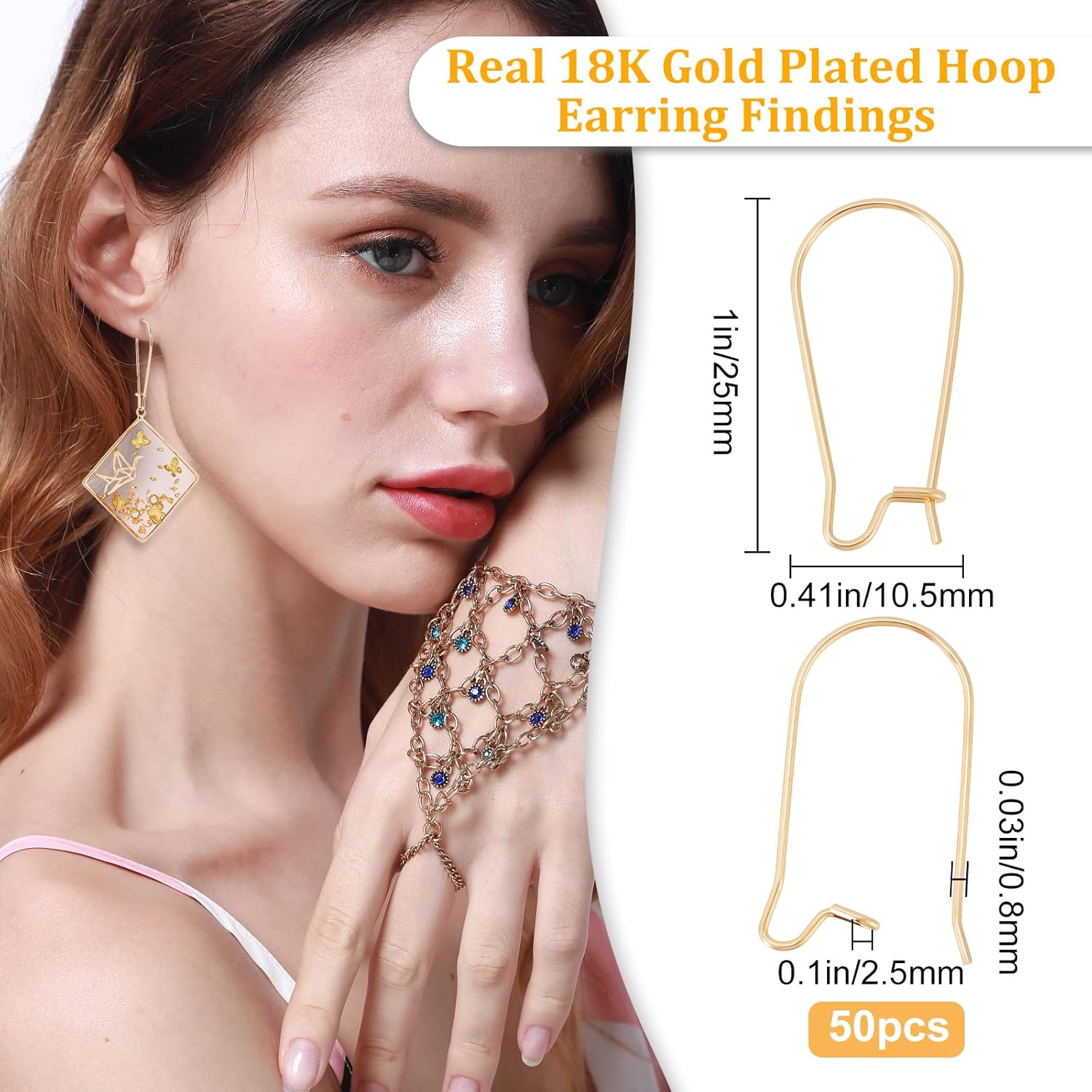 Beebeecraft 50Pcs/Box Kidney Earring Hooks 18K Gold Plated Kidney Ear Wires Earring Hooks 10.5x25mm Dangle Wire for Jewelry Making - Image 2