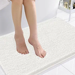 Smiry Luxury Chenille Bathroom Rugs 36x24, Extra Soft and Absorbent Shaggy Bath Mat, Machine Washable, Non-Slip Plush Carpet Runner for Tub, Shower, and Floor, Home Decor Accessories, Ivory